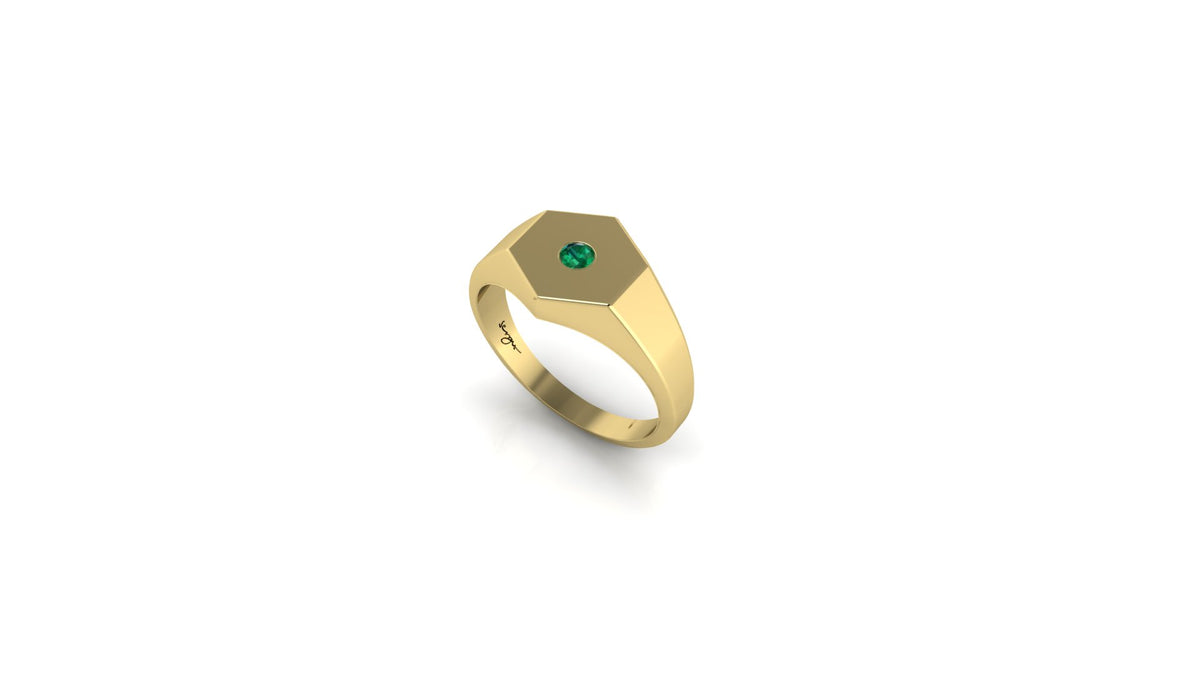 Hexagonal Signet Ring Gold 10K With Flush Set Gem | Power Ring